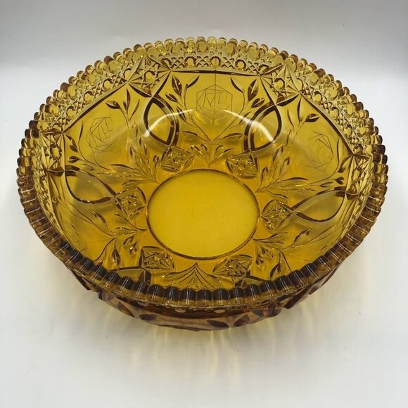 Vintage Amber Yellow Gold Glass Centerpiece Ornate Decorative Bowl Scalloped Rim - Picture 3 of 8